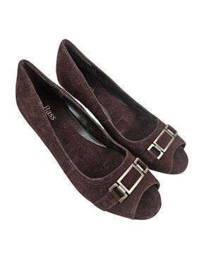 Bass Shoes Womens 8.5M Vivica Brown Suede Leather Peep Toe Heels Silver Chain